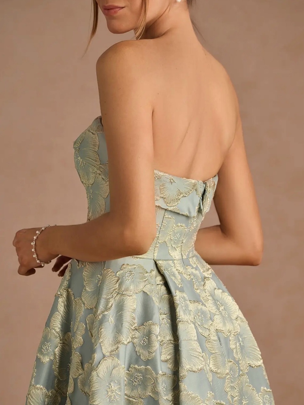 Azazie Strapless Floral Jacquard Midi Dress in Light Blue and Gold Accents - Picture 4 of 6